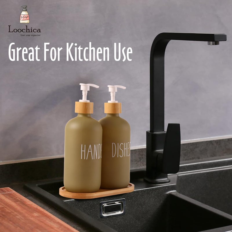 Loochica 2 Pack Sage Green Glass Soap Dispenser Set with Tray, Hand and Dish Glass Soap Dispensers for Kitchen Sink, Kitchen Soap Dispenser Set Suitable for Kitchen Décor - Image 5